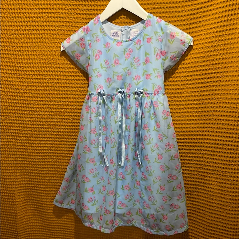 Vintage Floral Blue Spring Easter Girl’s Lined Short Sleeve Dress Size 6
